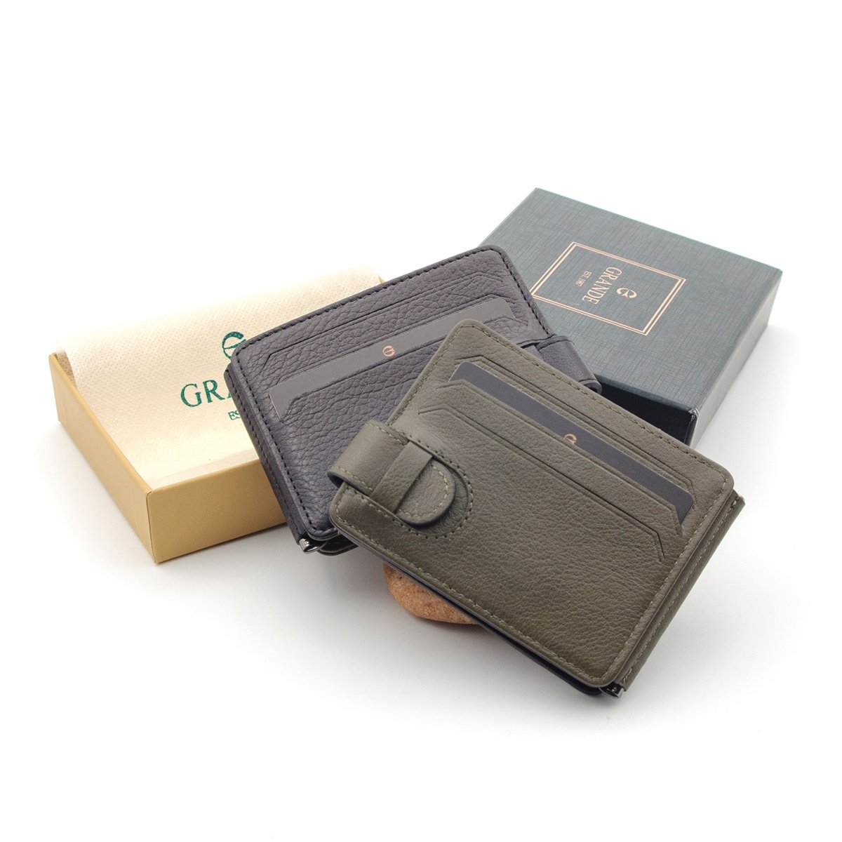 Grande  Hakiki Deri Çift Taraflı Çift Renkli Kağıt Para Koyma Aparatlı 1 Adet Kartlık Cüzdan - Siyah/Yeşil