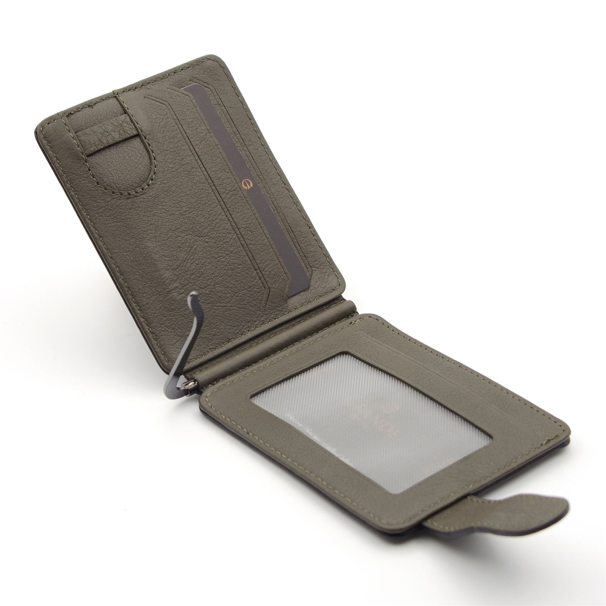 Grande  Hakiki Deri Çift Taraflı Çift Renkli Kağıt Para Koyma Aparatlı 1 Adet Kartlık Cüzdan - Siyah/Yeşil