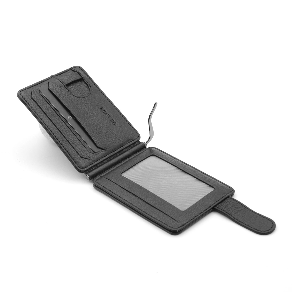 Grande  Hakiki Deri Çift Taraflı Çift Renkli Kağıt Para Koyma Aparatlı 1 Adet Kartlık Cüzdan - Siyah/Yeşil