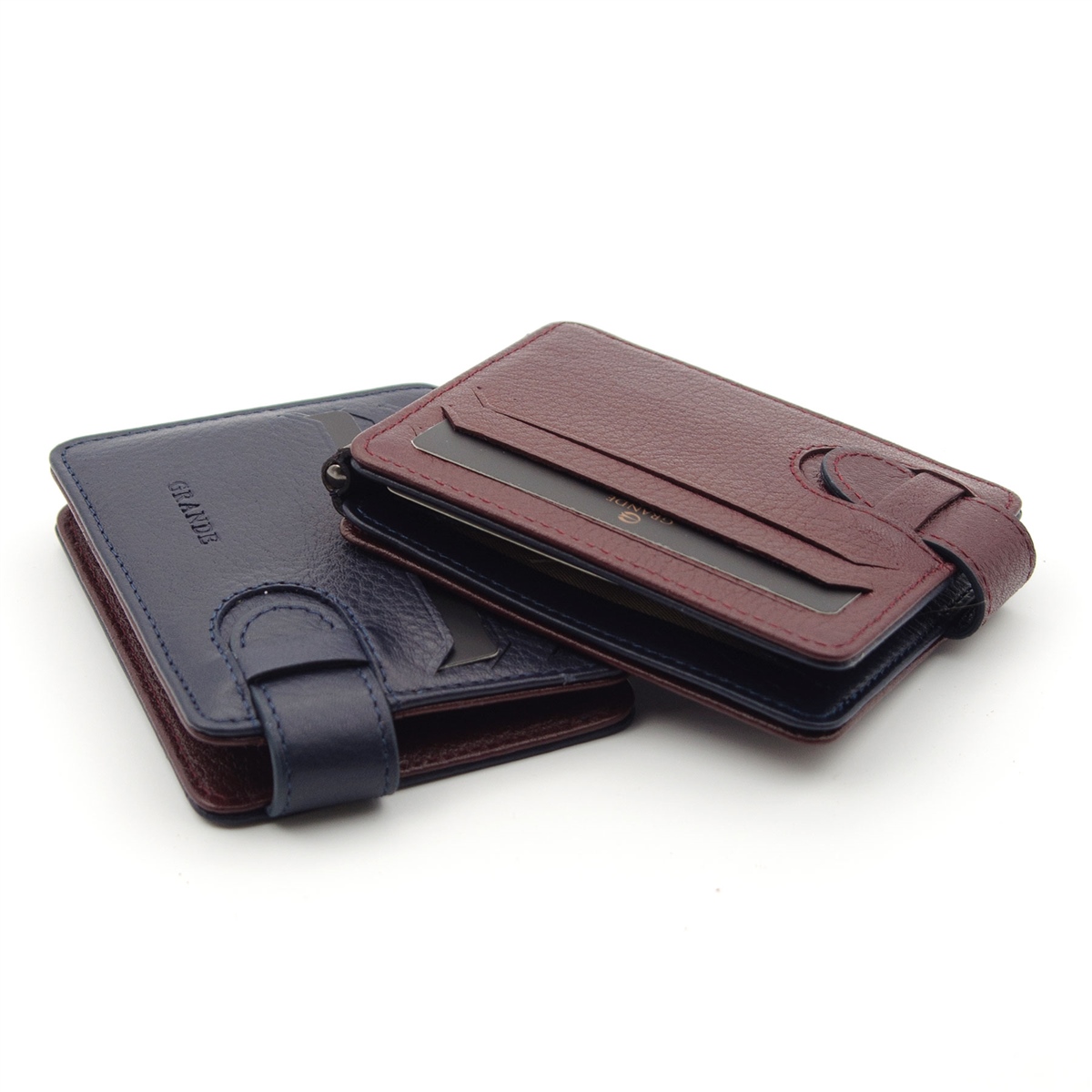 Grande  Hakiki Deri Çift Taraflı Çift Renkli Kağıt Para Koyma Aparatlı 1 Adet Kartlık Cüzdan - Laci/Mürdüm