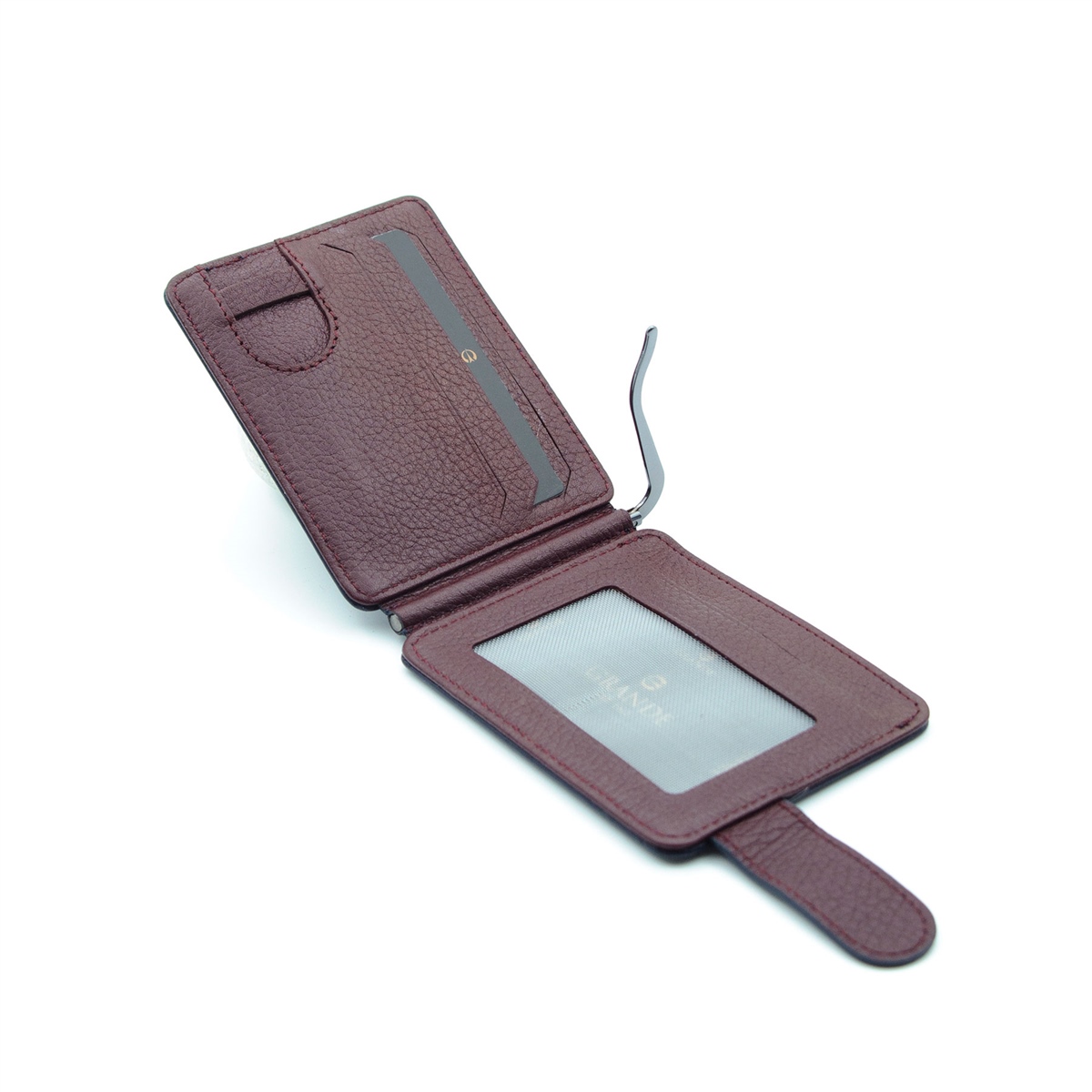 Grande  Hakiki Deri Çift Taraflı Çift Renkli Kağıt Para Koyma Aparatlı 1 Adet Kartlık Cüzdan - Laci/Mürdüm