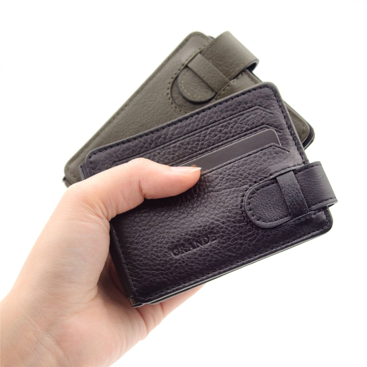 Grande  Hakiki Deri Çift Taraflı Çift Renkli Kağıt Para Koyma Aparatlı 1 Adet Kartlık Cüzdan - Siyah/Yeşil