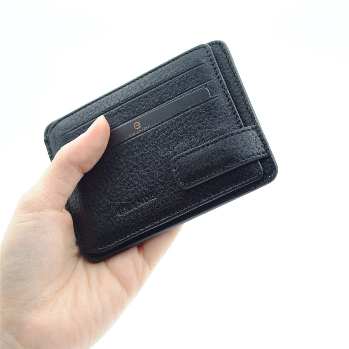 Grande Hakiki Deri Yatay Slim Mıknatıslı Kartlık - Siyah