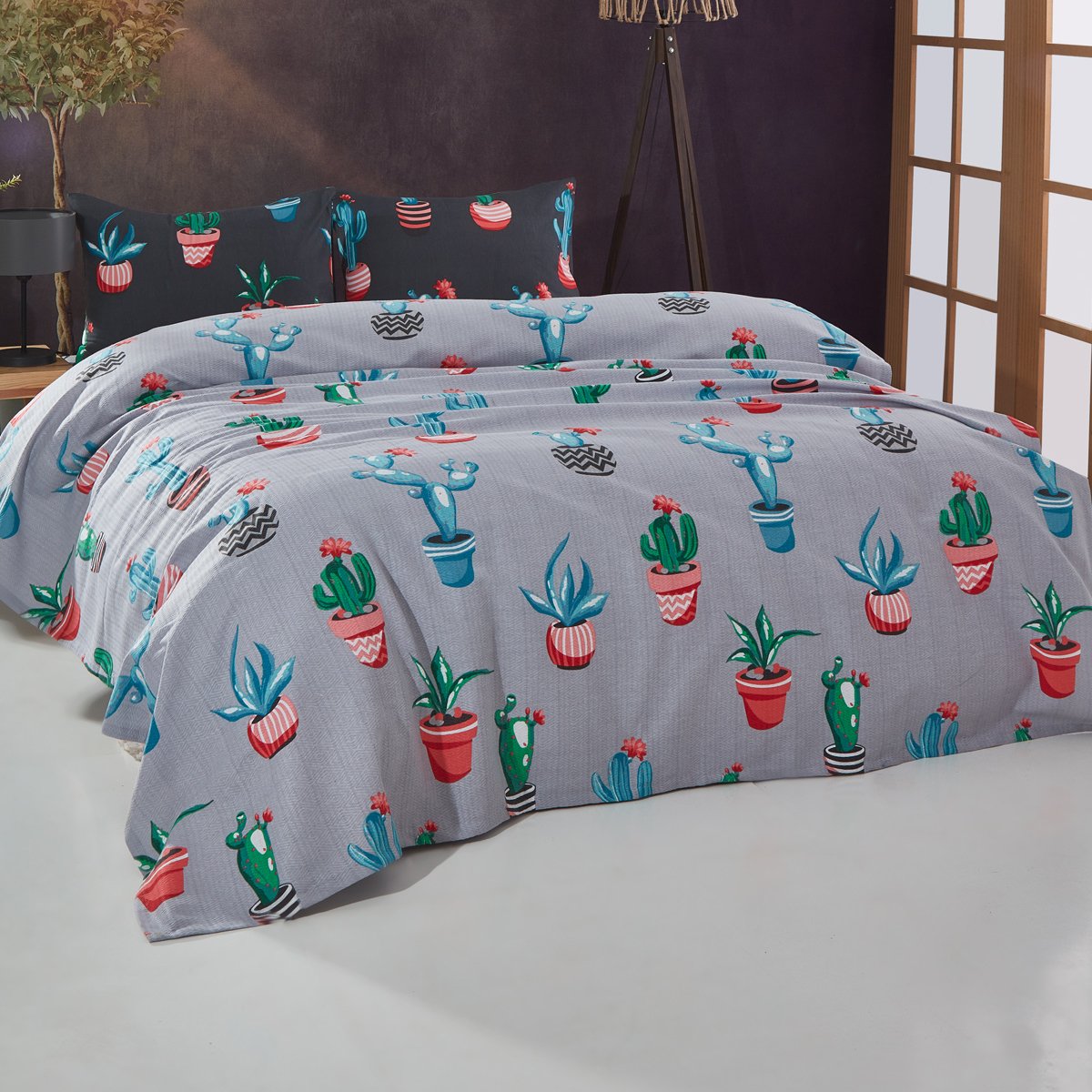 Kaktüs Desenli Çift Kişilik Pike Takımı Gri