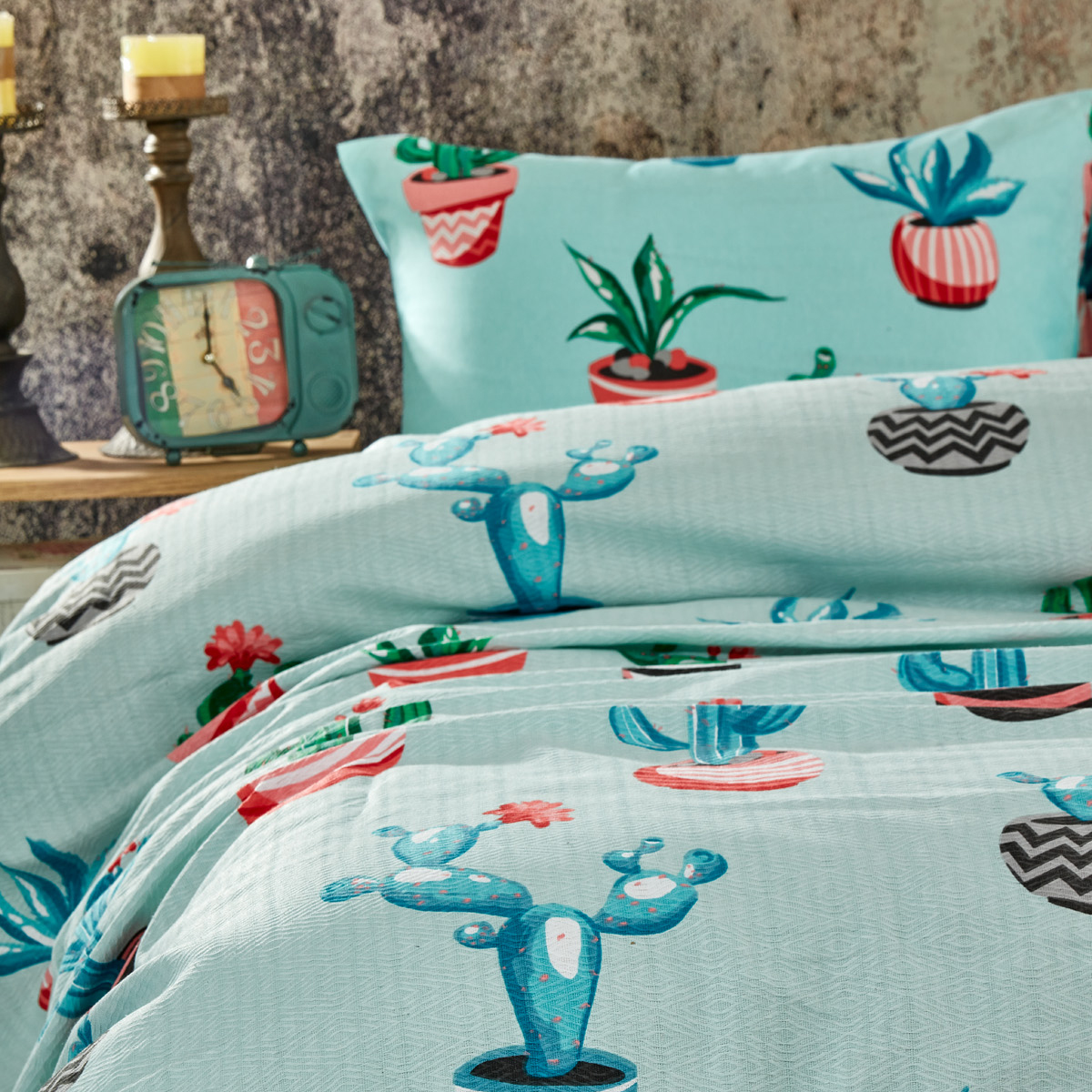 Kaktüs Desenli Çift Kişilik Pike Takımı Turkuaz