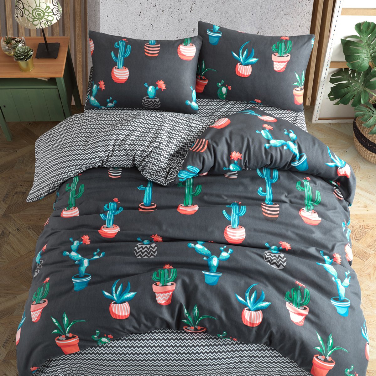Kaktüs Desenli Füme Tek Kişilik Nevresim Takımı