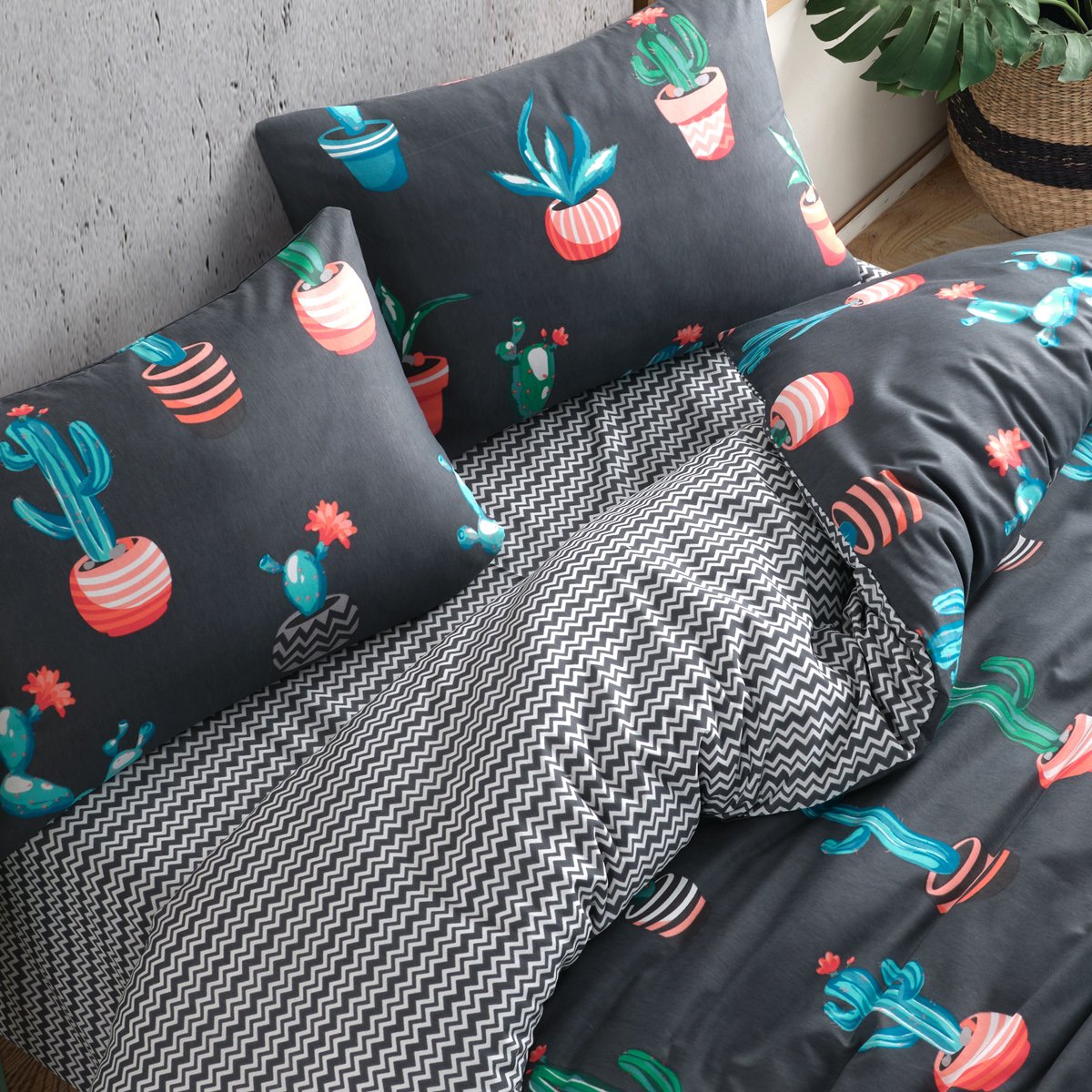 Kaktüs Desenli Füme Tek Kişilik Nevresim Takımı