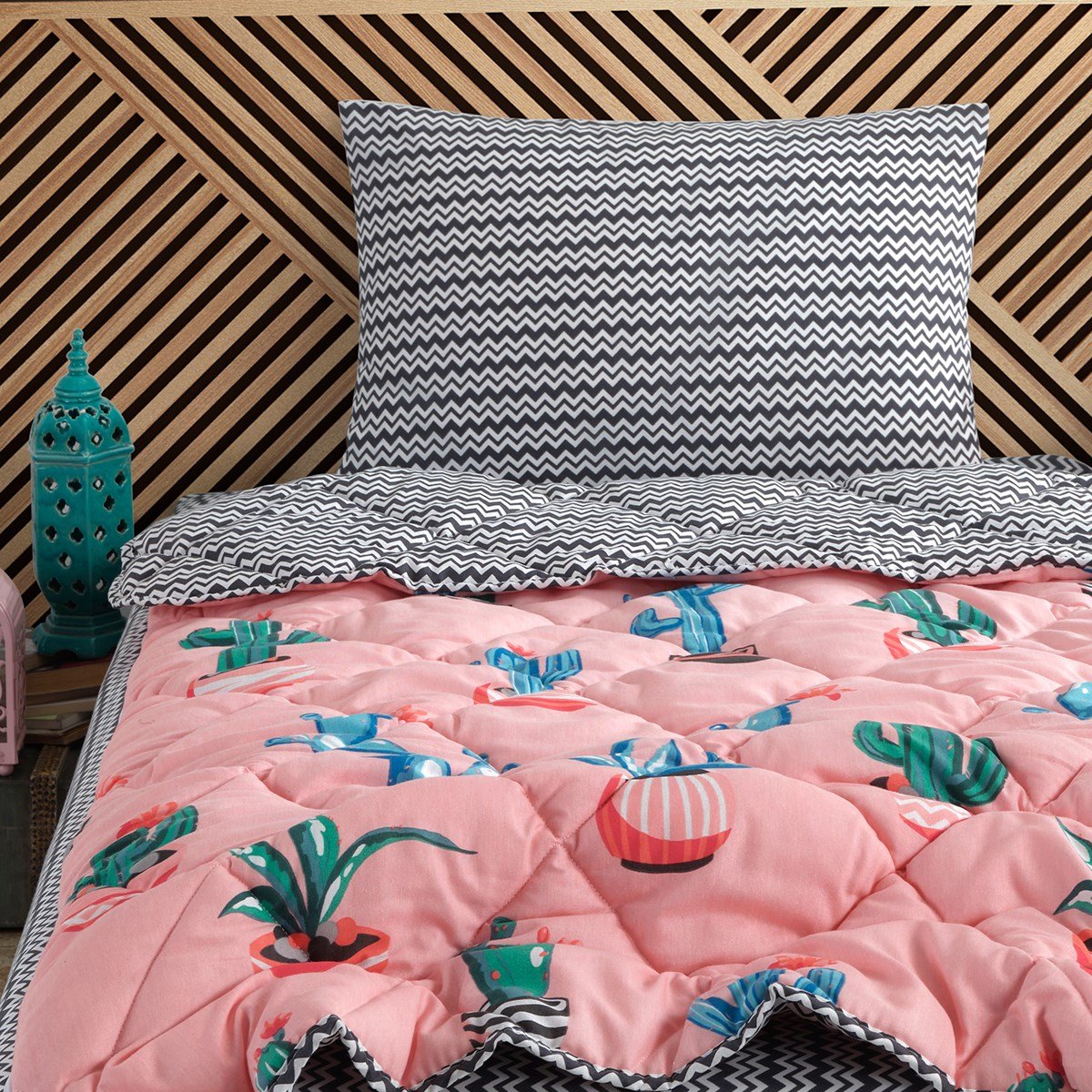 Kaktüs Desenli Ping Tek Kişilik Yorganlı Çocuk Uyku Seti