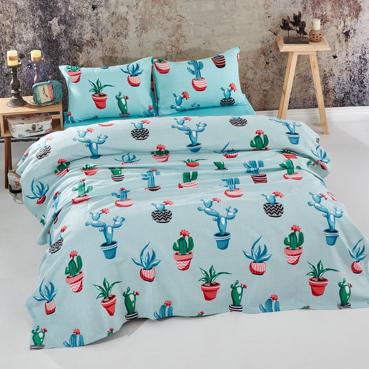 Kaktüs Desenli Tek Kişilik Pike Takımı Turkuaz