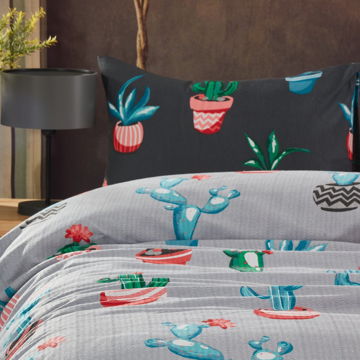 Kaktüs Desenli Tek Kişilik Pike Takımı Gri