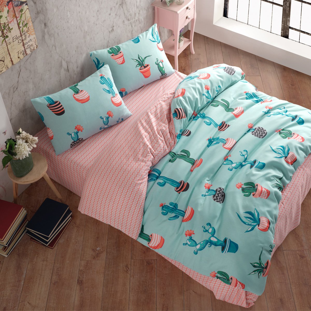 Kaktüs Desenli Turkuaz Çift Kişilik Nevresim Takımı