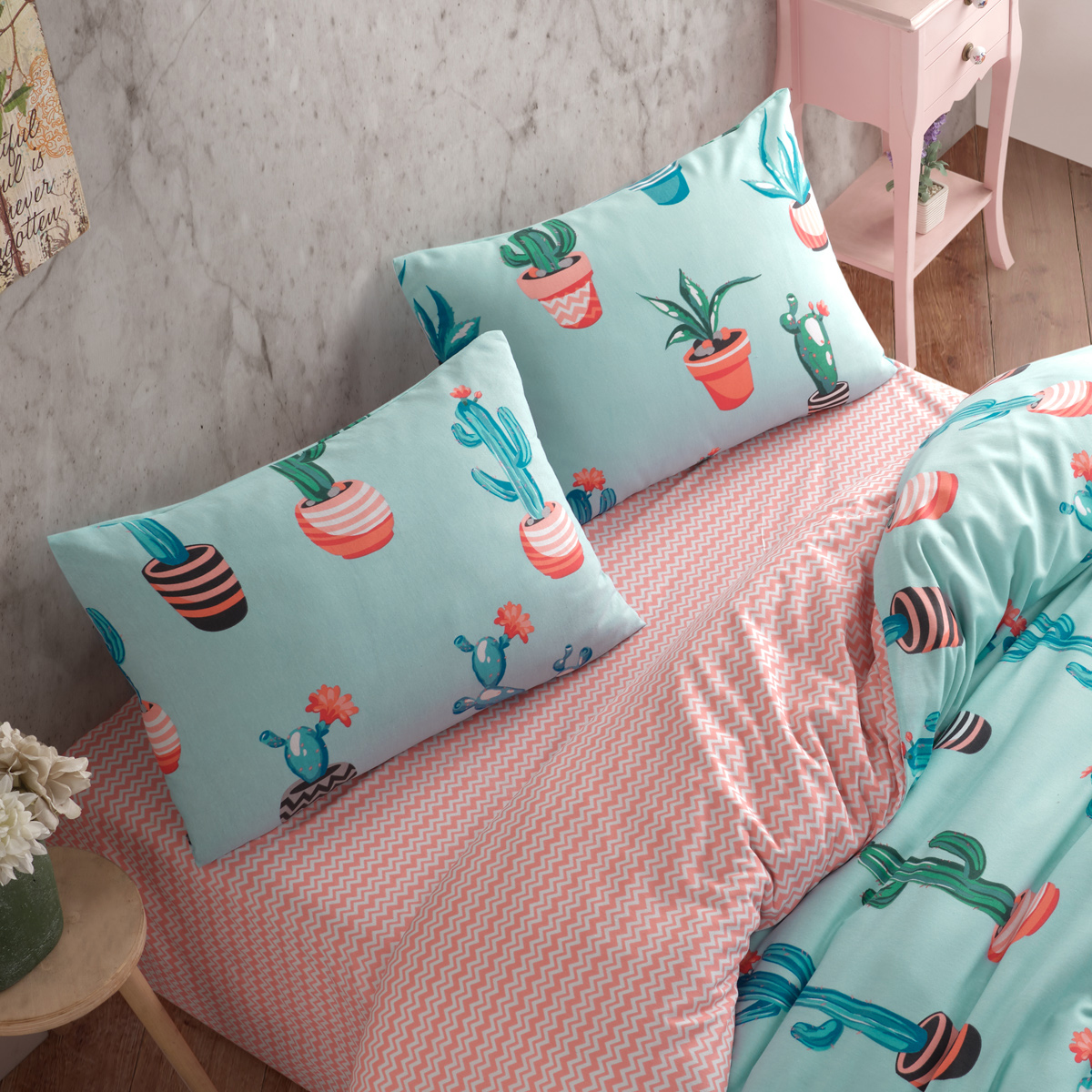 Kaktüs Desenli Turkuaz Çift Kişilik Nevresim Takımı