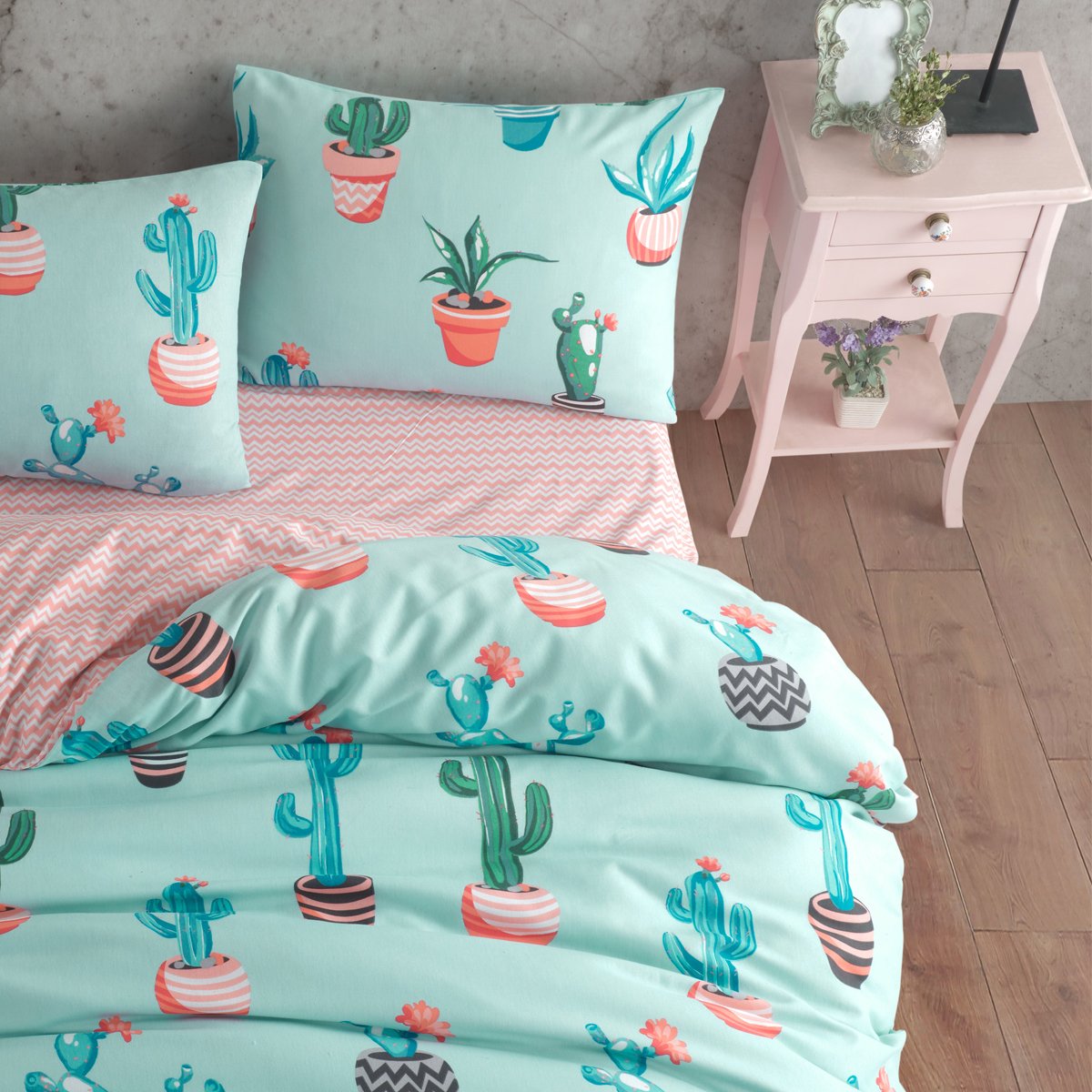 Kaktüs Desenli Turkuaz Tek Kişilik Nevresim Takımı