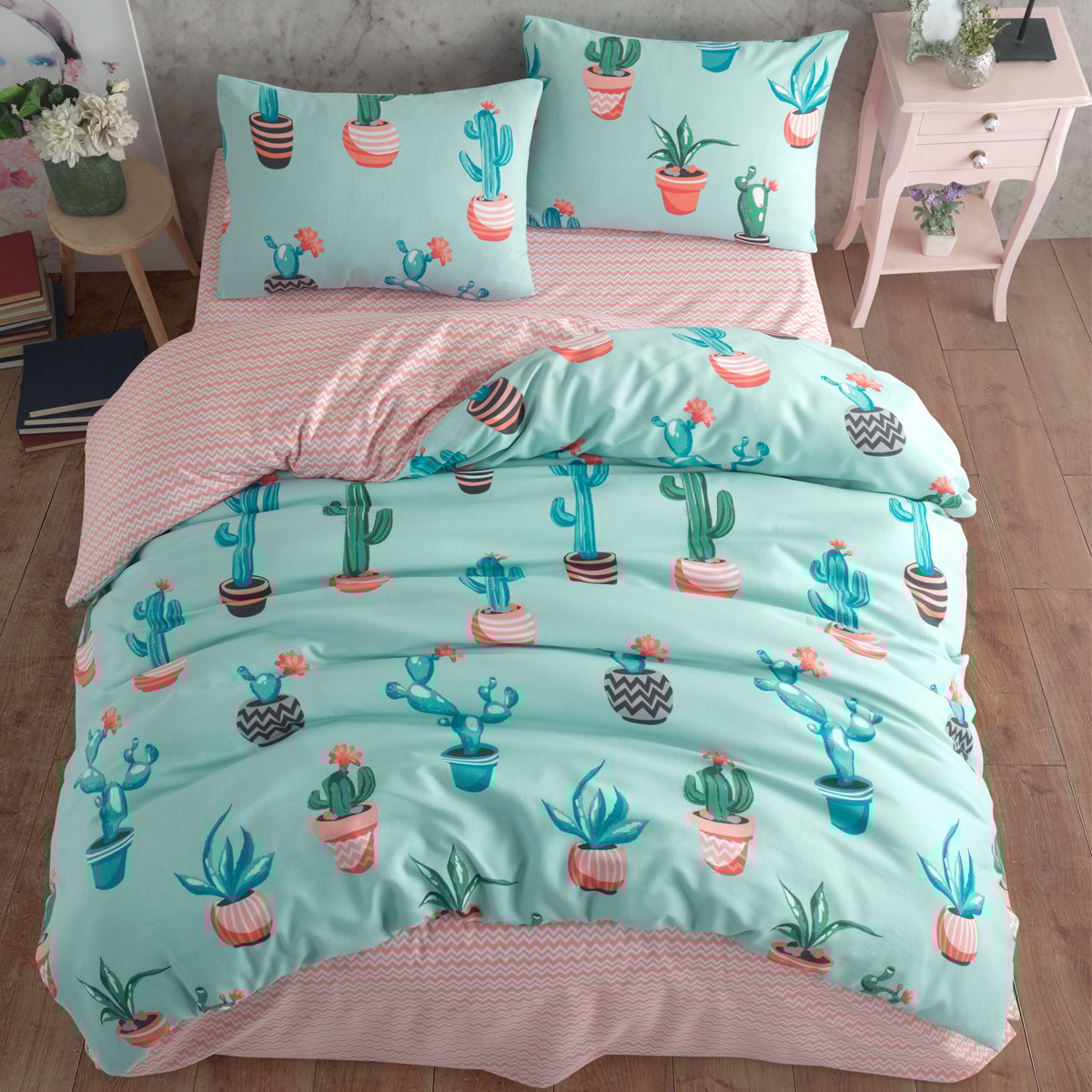 Kaktüs Desenli Turkuaz Tek Kişilik Nevresim Takımı