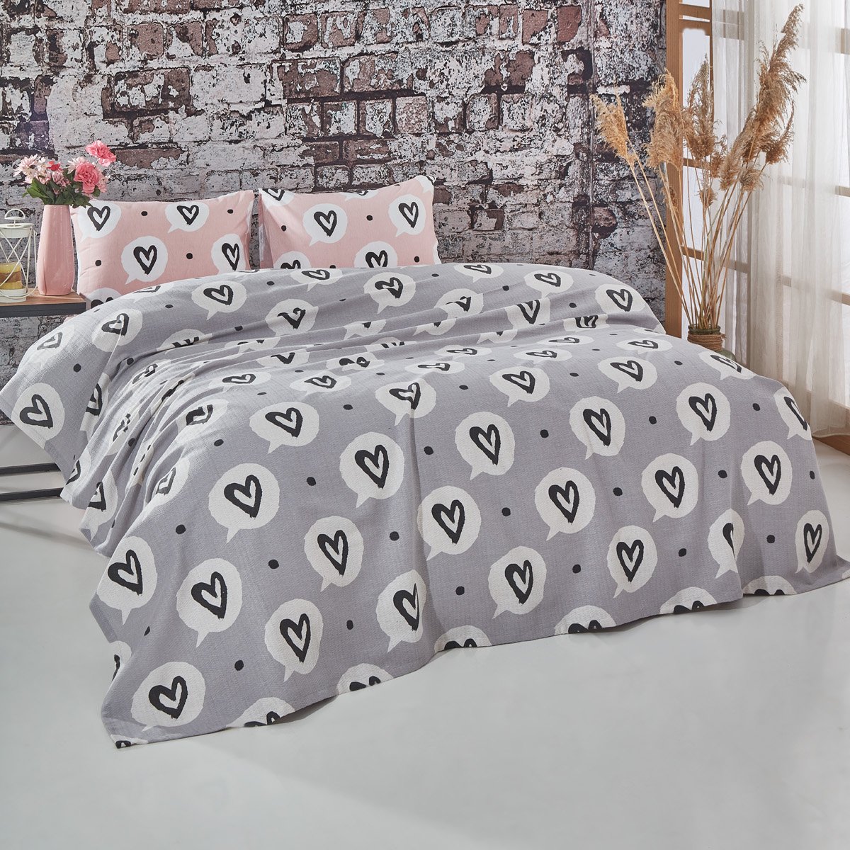 Kalp Desenli Tek Kişilik Pike Takımı Gri