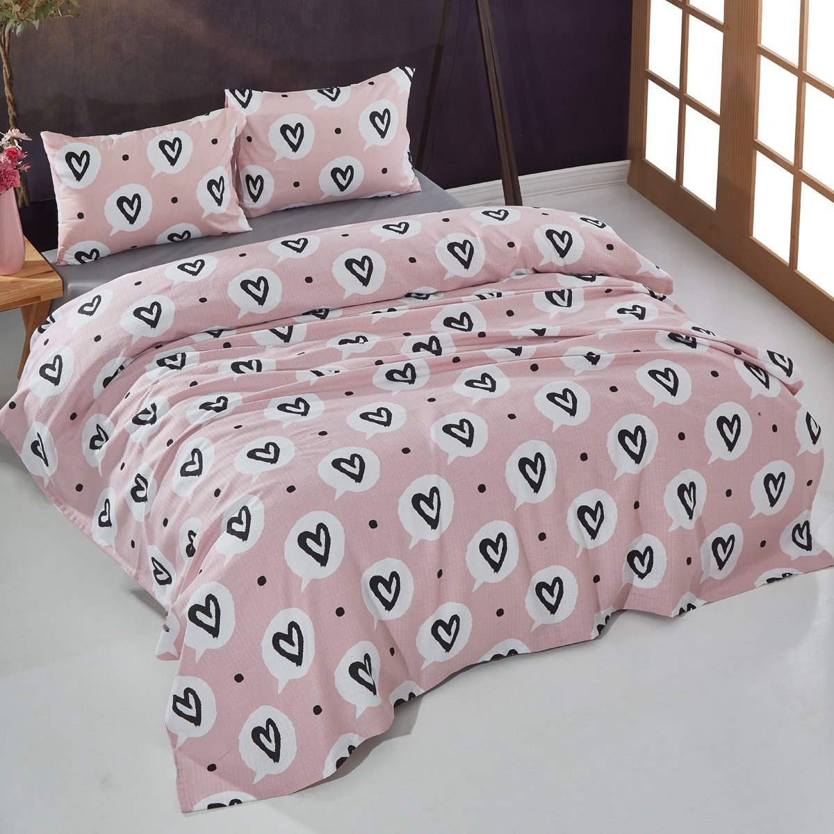 Kalp Desenli Tek Kişilik Pike Takımı Pembe