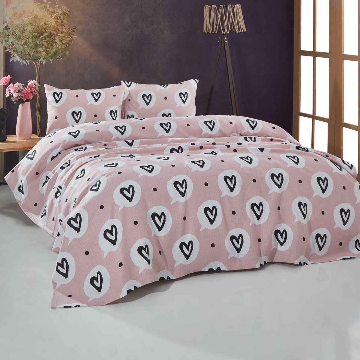 Kalp Desenli Tek Kişilik Pike Takımı Pembe