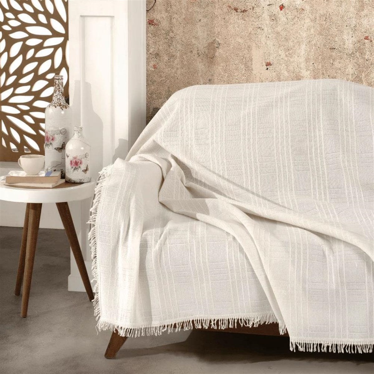 Sedir Natural Keten Sık Dokuma Beyaz Çizgili Koltuk Örtüsü 170x210 cm