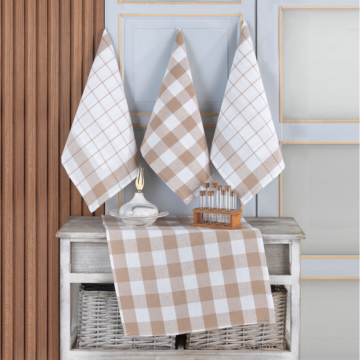 Vagonik 4'lü Mutfak Havlusu Seti & Alman Peçetesi & Kurulama Bezi 45x65 Bej