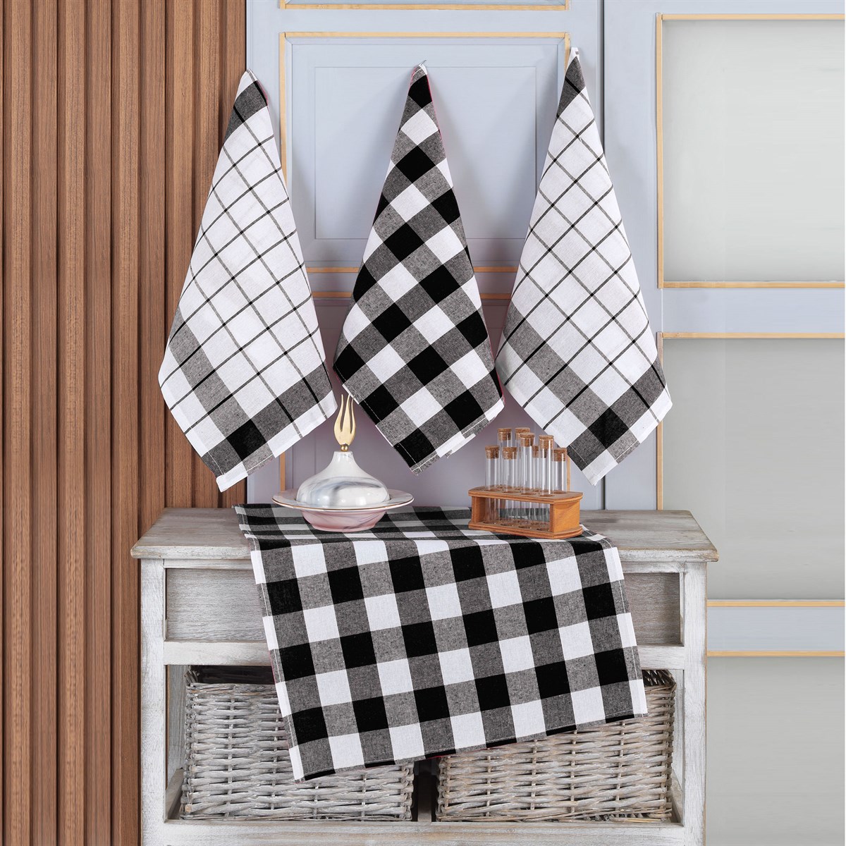 Vagonik 4'lü Mutfak Havlusu Seti & Alman Peçetesi & Kurulama Bezi 45x65 Siyah