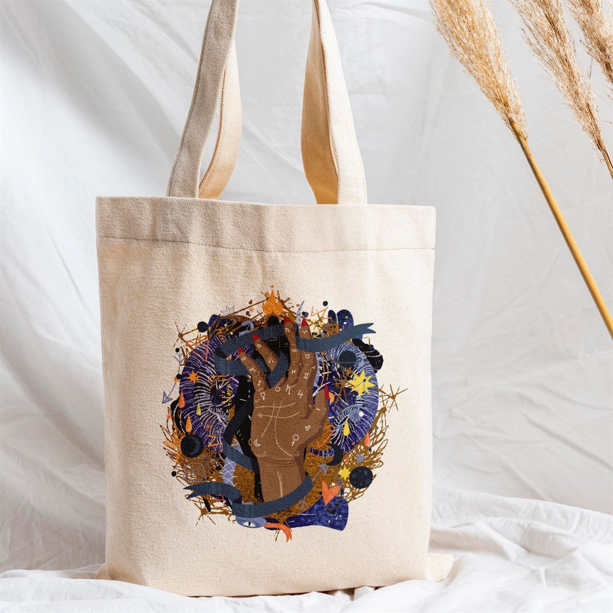 Vagonik Astroloji El Falı Baskılı Ham Bez Kanvas Çanta