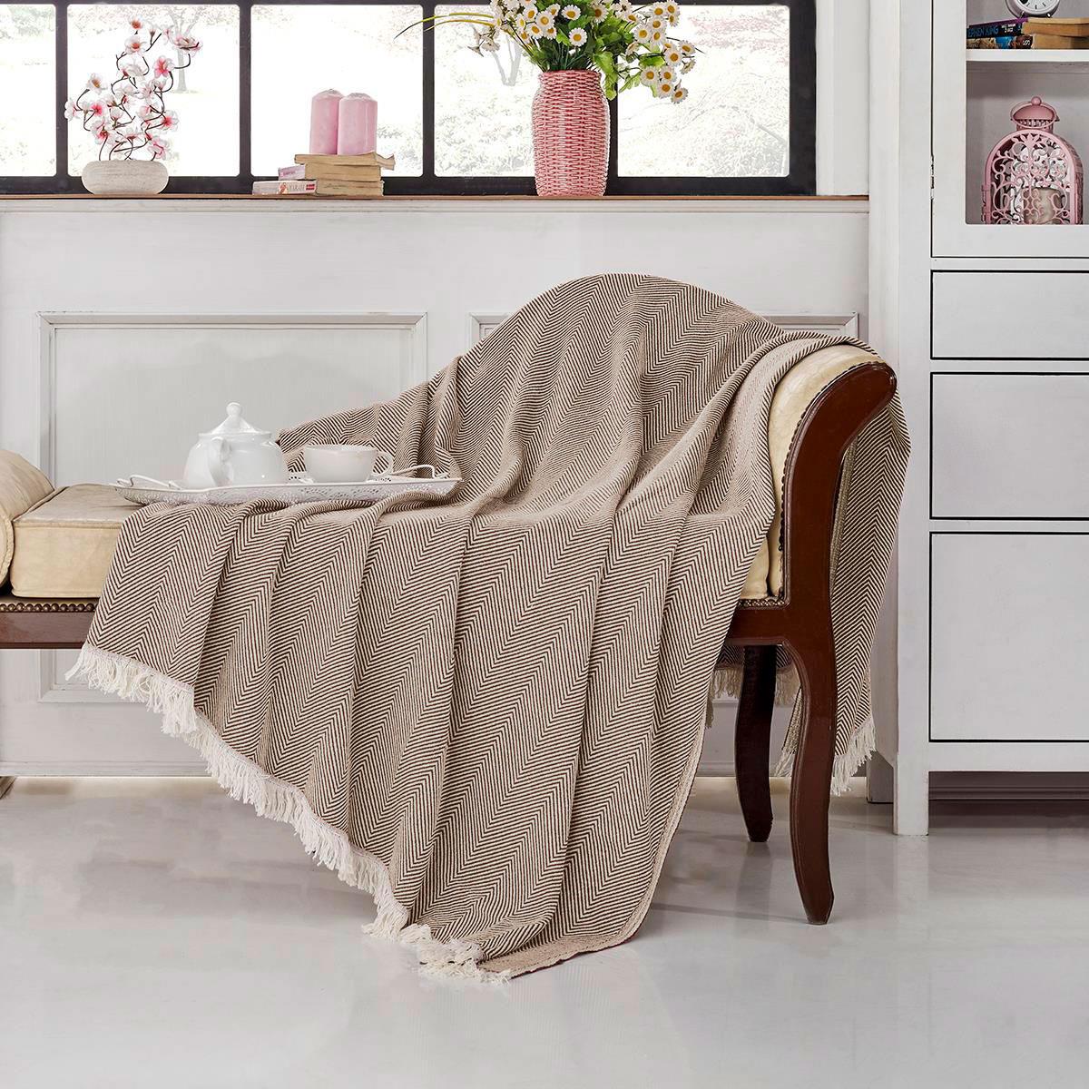 Vagonik Balık Sırtı Desenli Pamuk Pike Tek Kişilik Tv Battaniyesi 145x200cm Koyu Bej