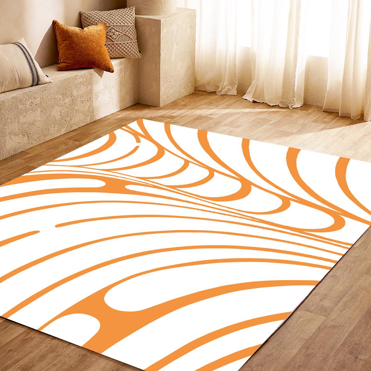 Vagonik Bohem Turuncu Dalga İskandinav Desenli Dijital Baskılı Halı Kaydırmaz Tabanlı Yıkanabilir Halı