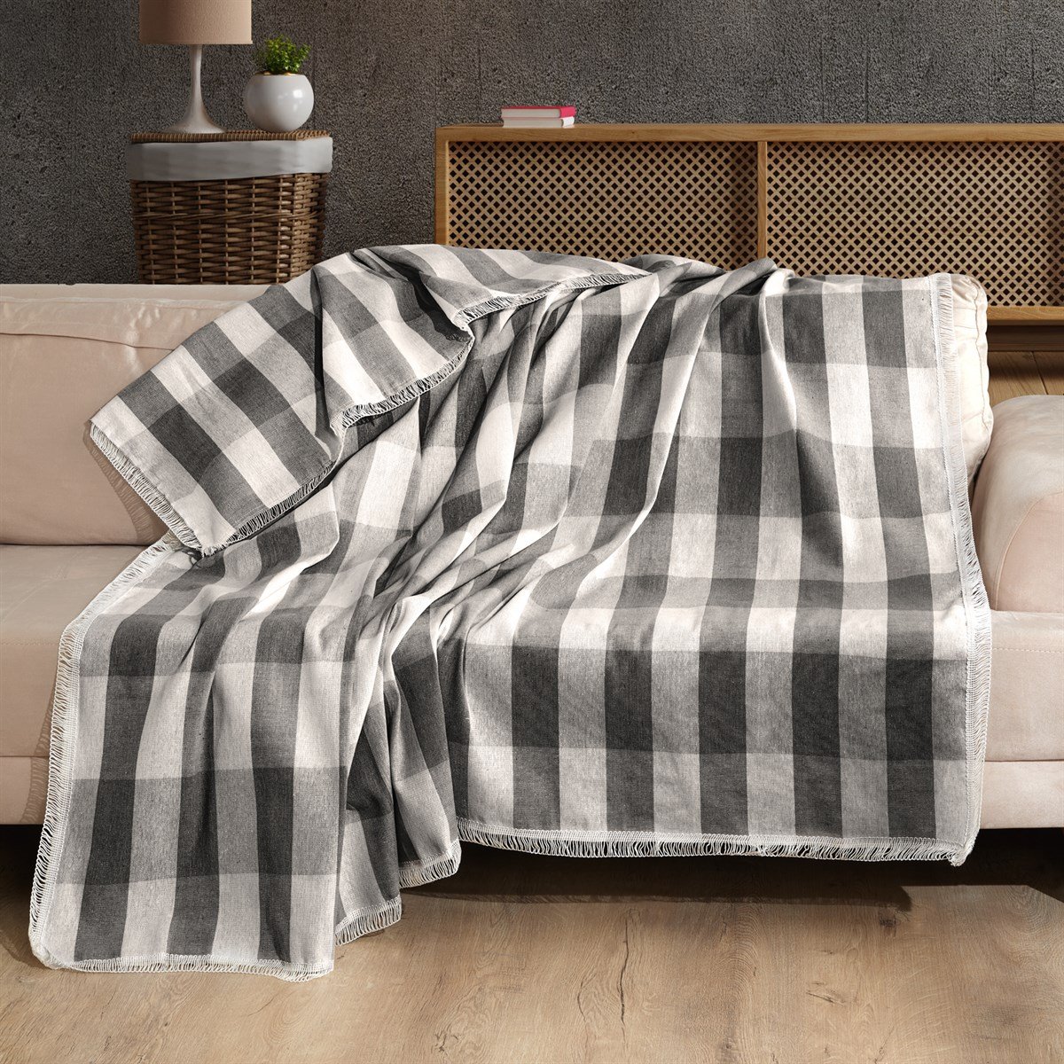 Vagonik Buldan Ekoseli Koltuk Örtüsü - Çekyat Örtüsü - Kanepe Örtüsü 170x210 - Füme