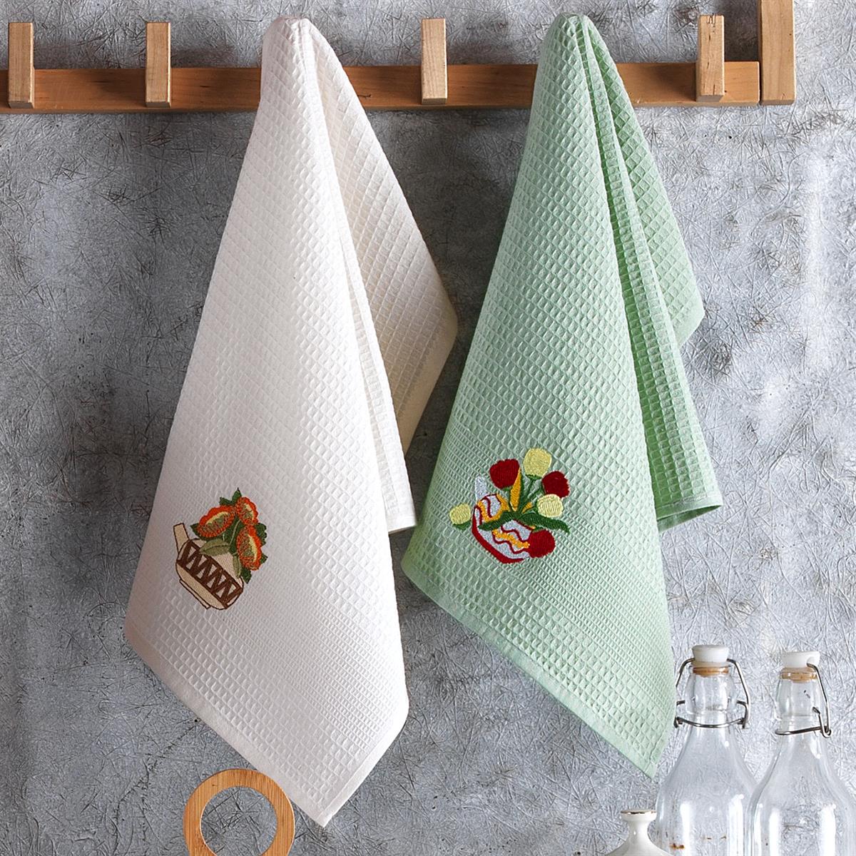 Vagonik Çiçek Desenli 40x60 %100 Pamuk 6'lı Nakışlı Mutfak Havlusu Kurulama Bezi