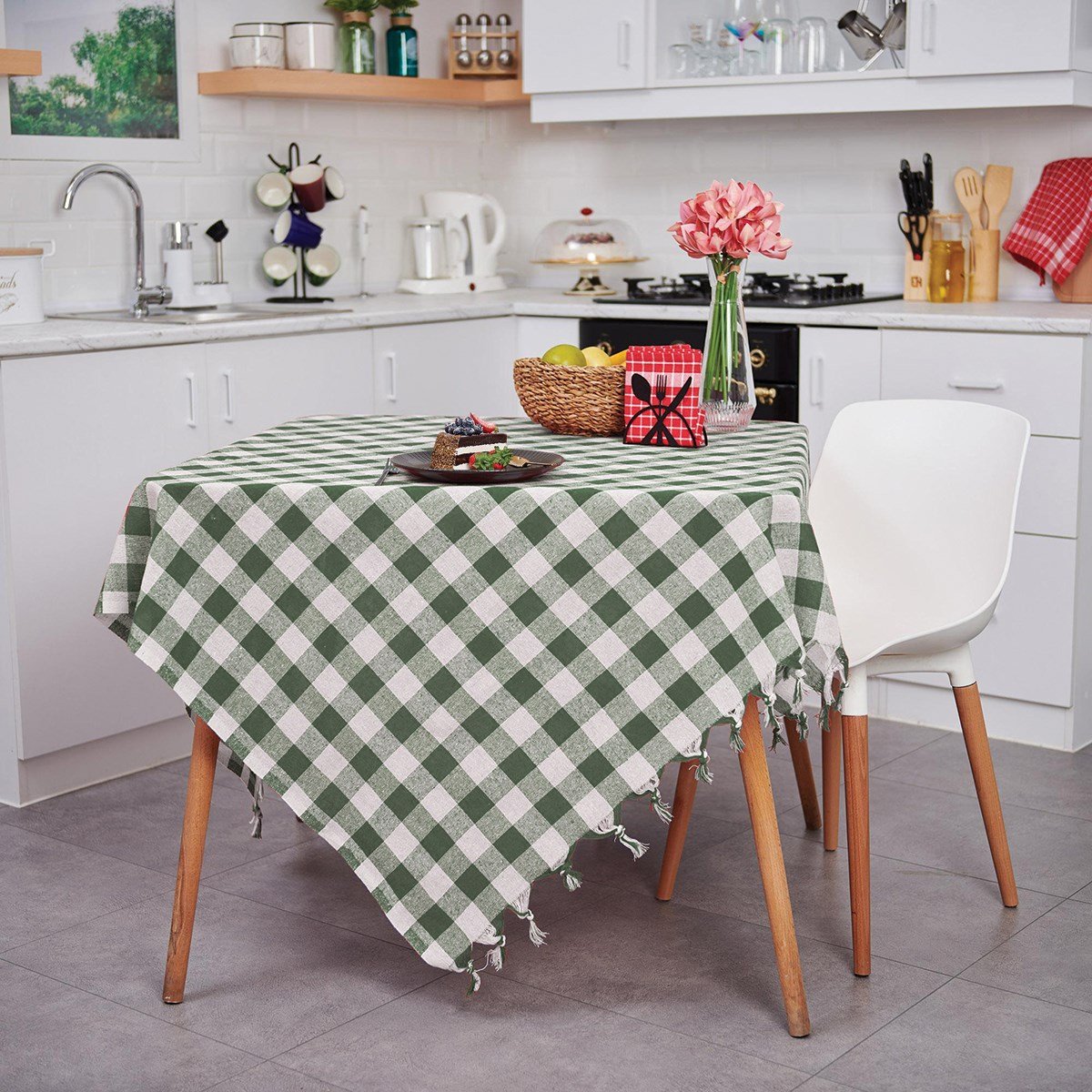 Vagonik Çok Amaçlı Sofra Bezi Piknik Örtüsü & Masa Örtüsü Yeşil Ekose Pötikare 140x140 Cm