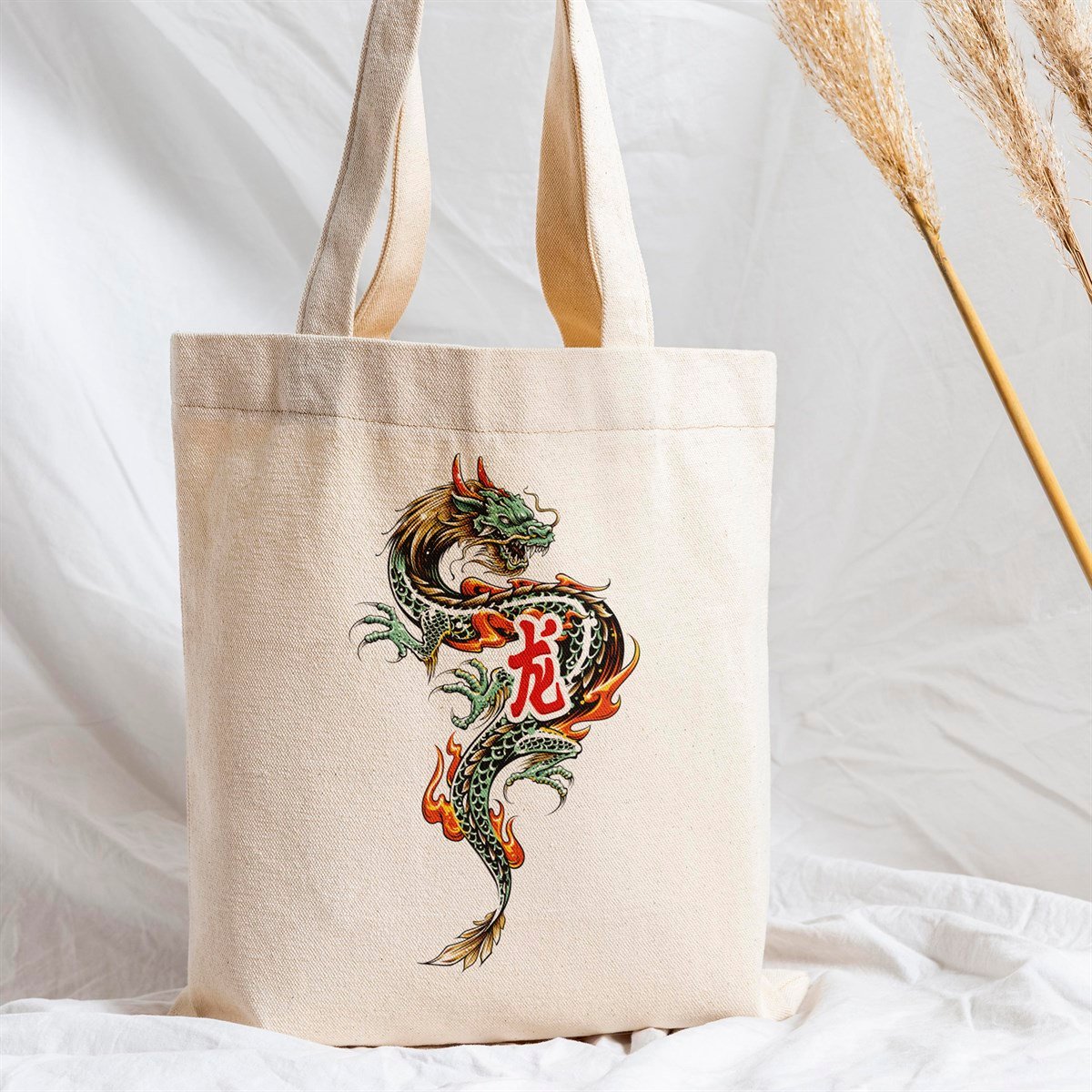 Vagonik Ejderja Uzak Doğu Baskılı Dragon Ham Bez Kanvas Çanta 240 Gr.