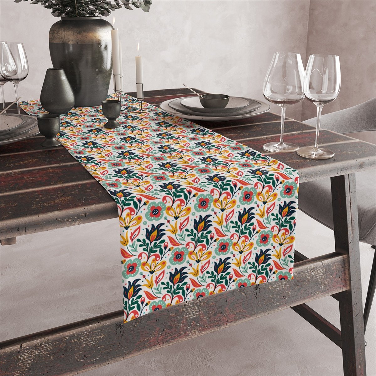 Vagonik Etnik Çiçek Desenli Dijital Baskılı Runner 140x40 cm