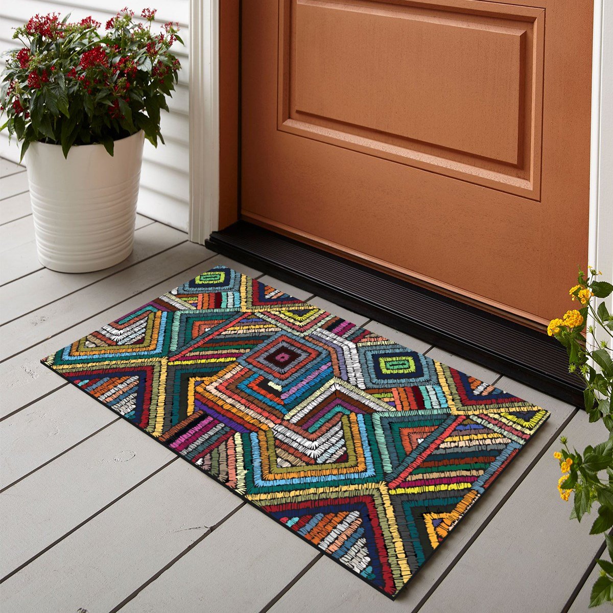 Vagonik Geometrik Nakış Desenli Dijital Baskılı 50x70cm Dekoratif Çok Amaçlı Iç Ve Dış Kapı Paspası