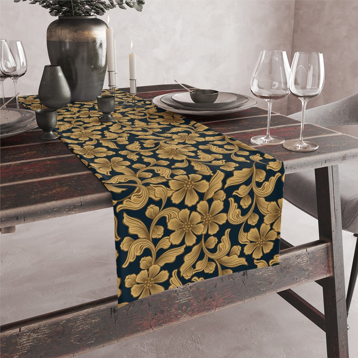 Vagonik Gold Çiçek Desenli Dijital Baskılı Runner 140x40 cm