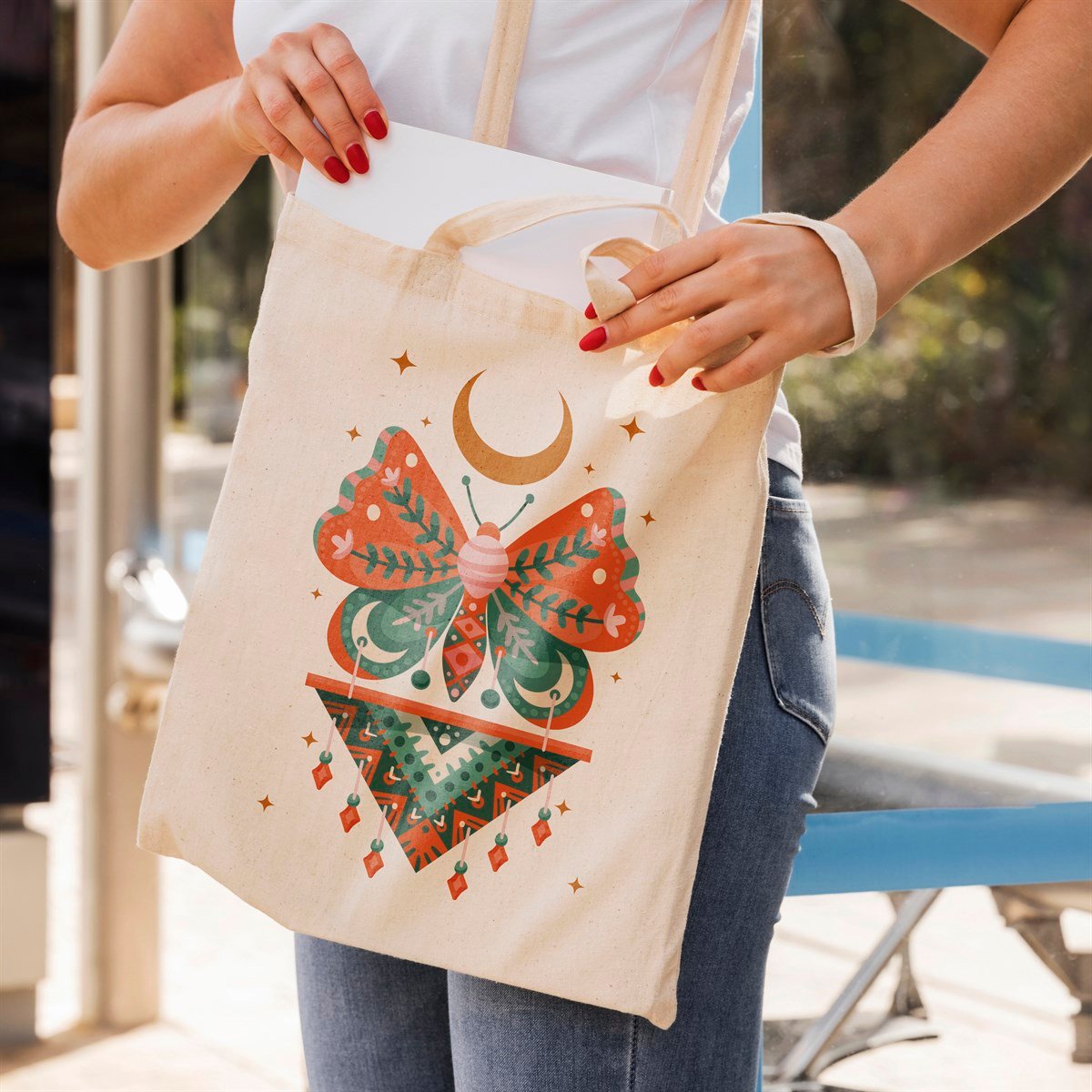 Vagonik Kelebek Bohem Baskılı Ham Bez Kanvas Çanta 240 Gr.