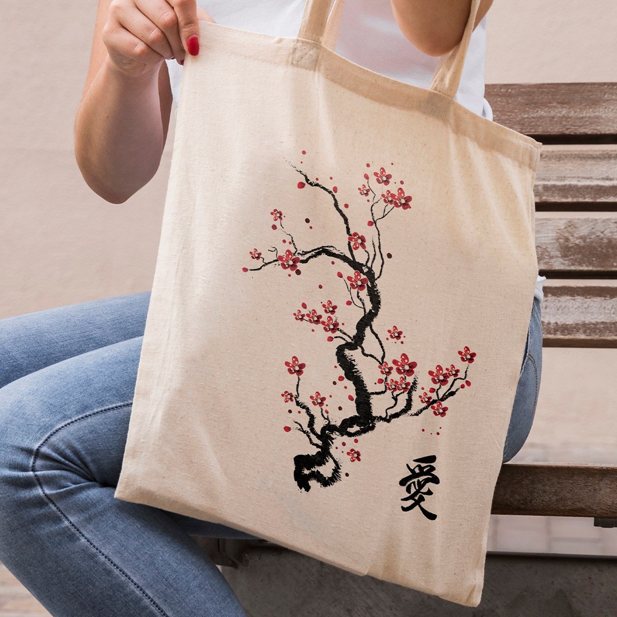 Vagonik Kiraz Ağacı Uzak Doğu Baskılı Ham Bez Kanvas Çanta 240 Gr.