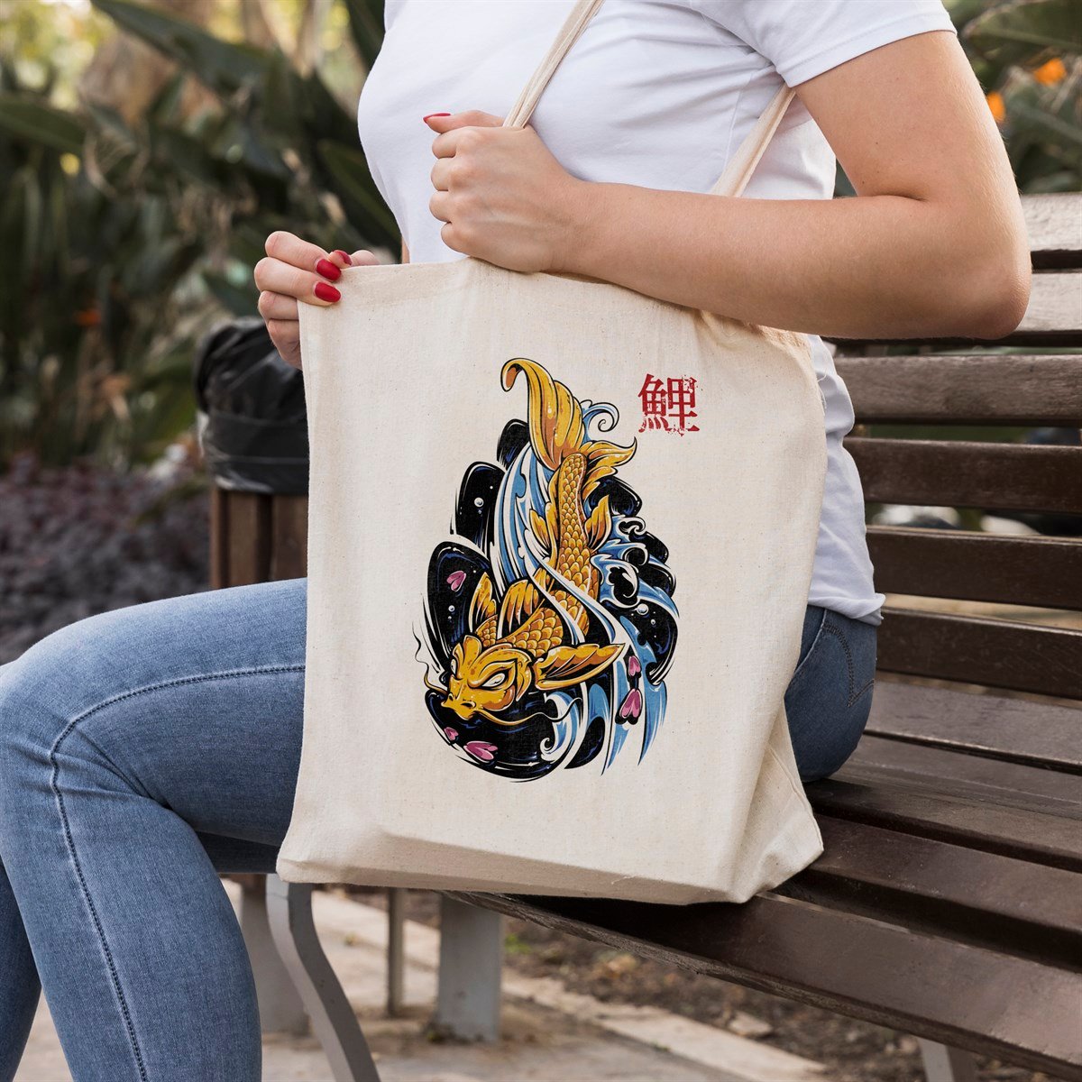 Vagonik Koi Balığı Uzak Doğu Baskılı Ham Bez Kanvas Çanta 240 Gr.