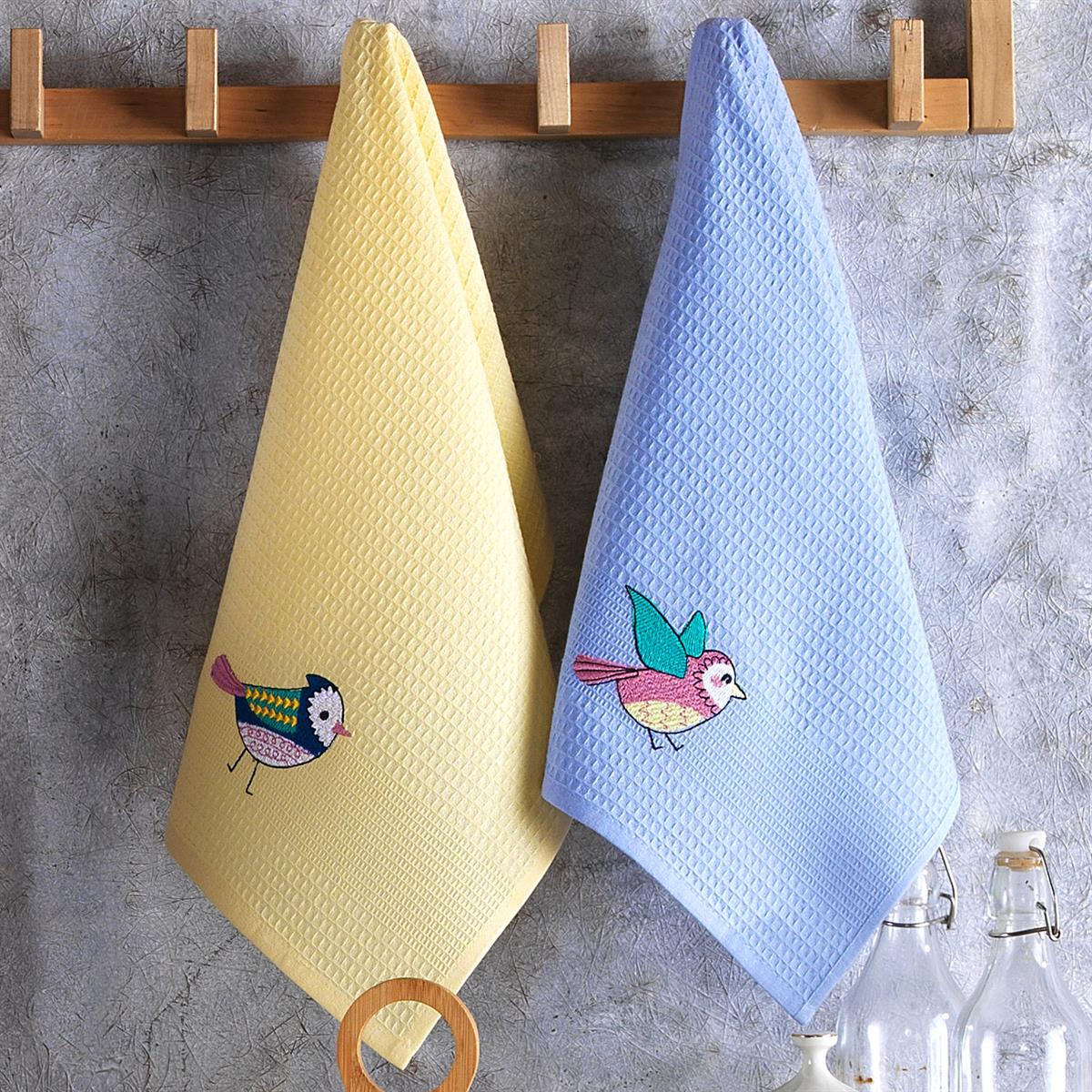 Vagonik Kuş Desenli 40x60 %100 Pamuk 6'lı Nakışlı Mutfak Havlusu Kurulama Bezi