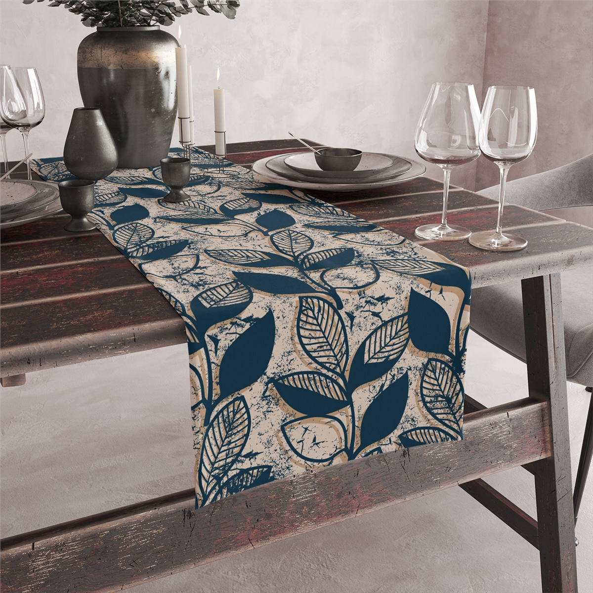 Vagonik Mavi Yaprak Desenli Dijital Baskılı Runner 140x40 cm