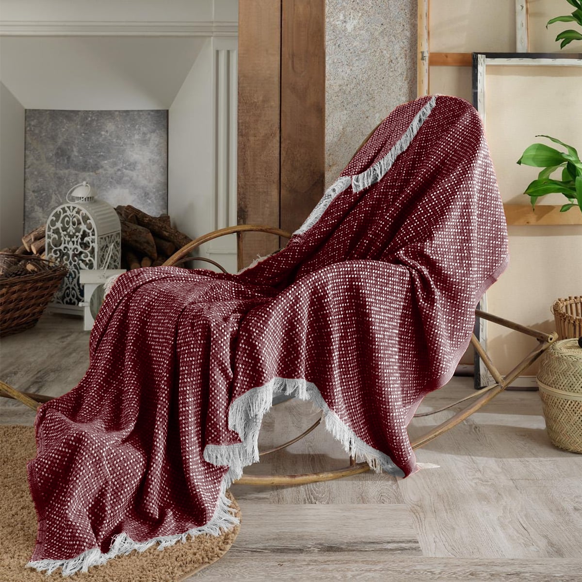 Vagonik Natural Keten Koltuk Örtüsü | Kara Tezgah Dokuma Koltuk Şalı - Bordo