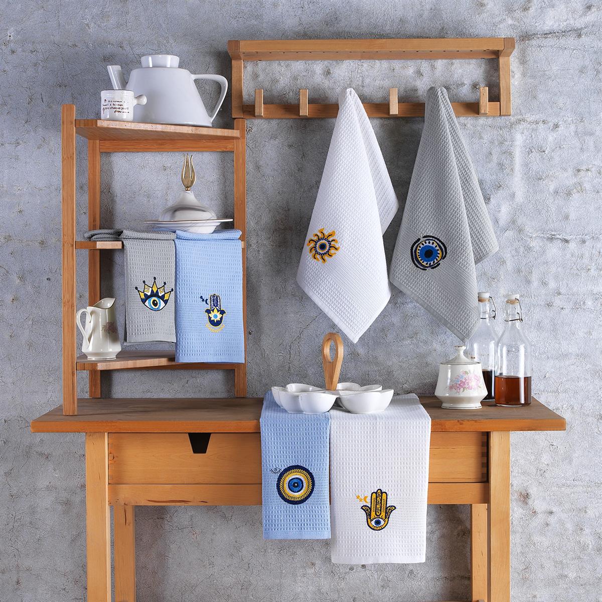 Vagonik Nazar Desenli 40x60 %100 Pamuk 6'lı Nakışlı Mutfak Havlusu Kurulama Bezi