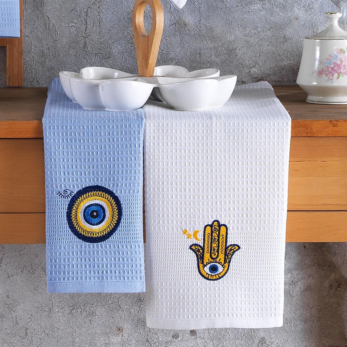 Vagonik Nazar Desenli 40x60 %100 Pamuk 6'lı Nakışlı Mutfak Havlusu Kurulama Bezi