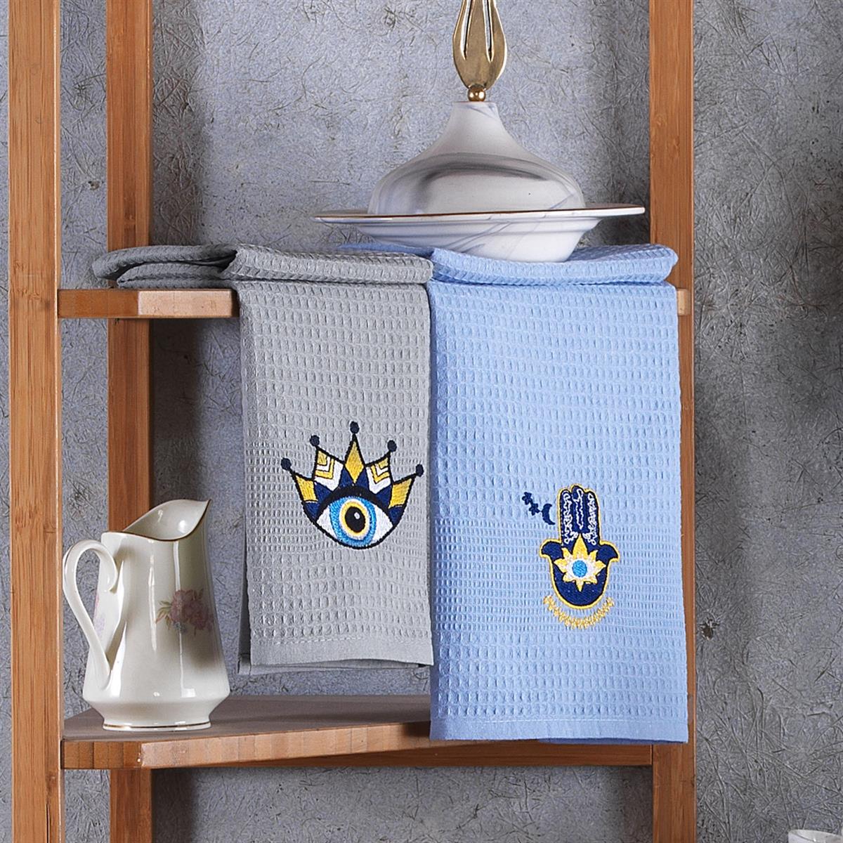 Vagonik Nazar Desenli 40x60 %100 Pamuk 6'lı Nakışlı Mutfak Havlusu Kurulama Bezi