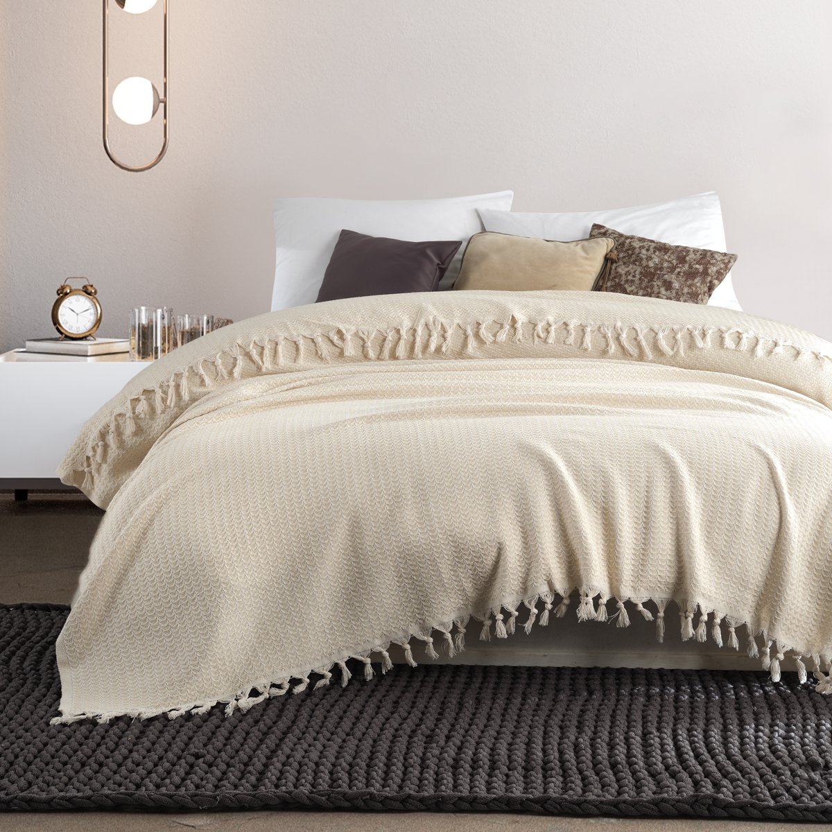 Vagonik Piramit Çift Kişilik Yatak Örtüsü 200 X 230 Cm Pike Pamuklu Koltuk Kanepe Örtüsü Püsküllü - Krem