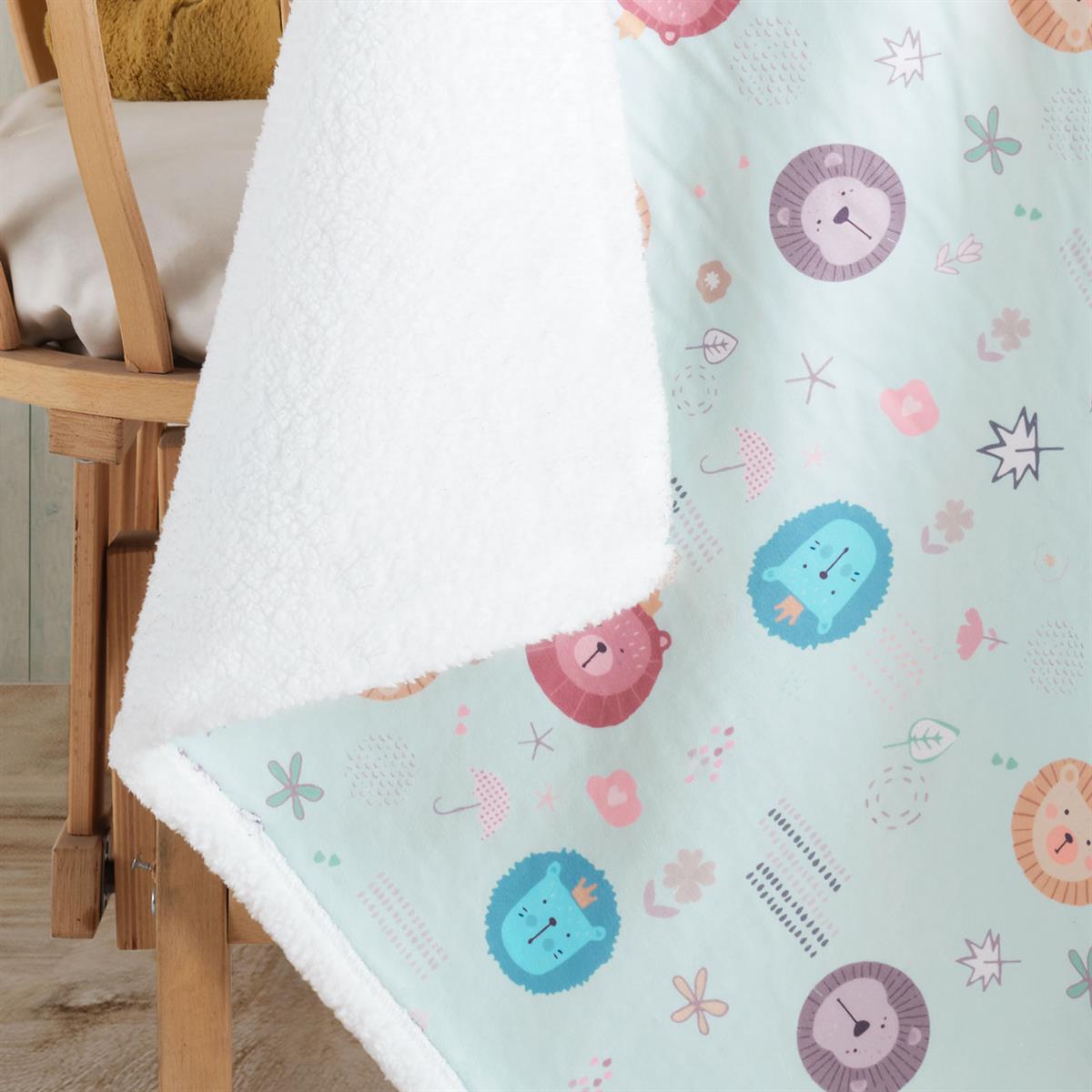 Vagonik Puffy Bebek Battaniyesi 80x80 Cm Aslan desenli Mavi Melis Koyun Tüyü Battaniye