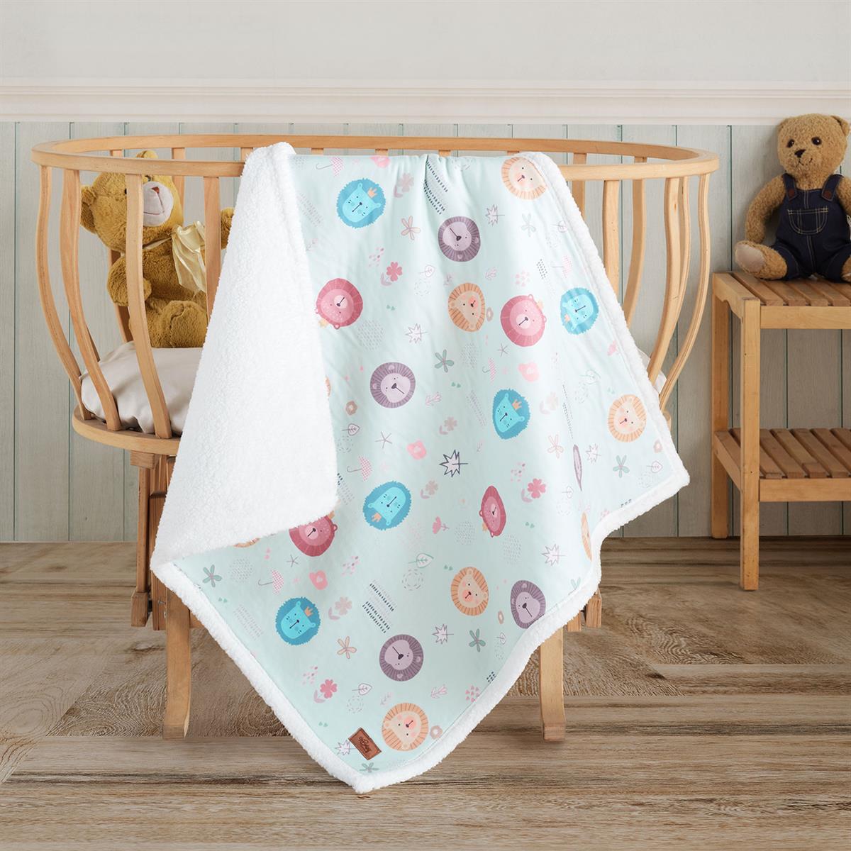 Vagonik Puffy Bebek Battaniyesi 80x80 Cm Aslan desenli Mavi Melis Koyun Tüyü Battaniye