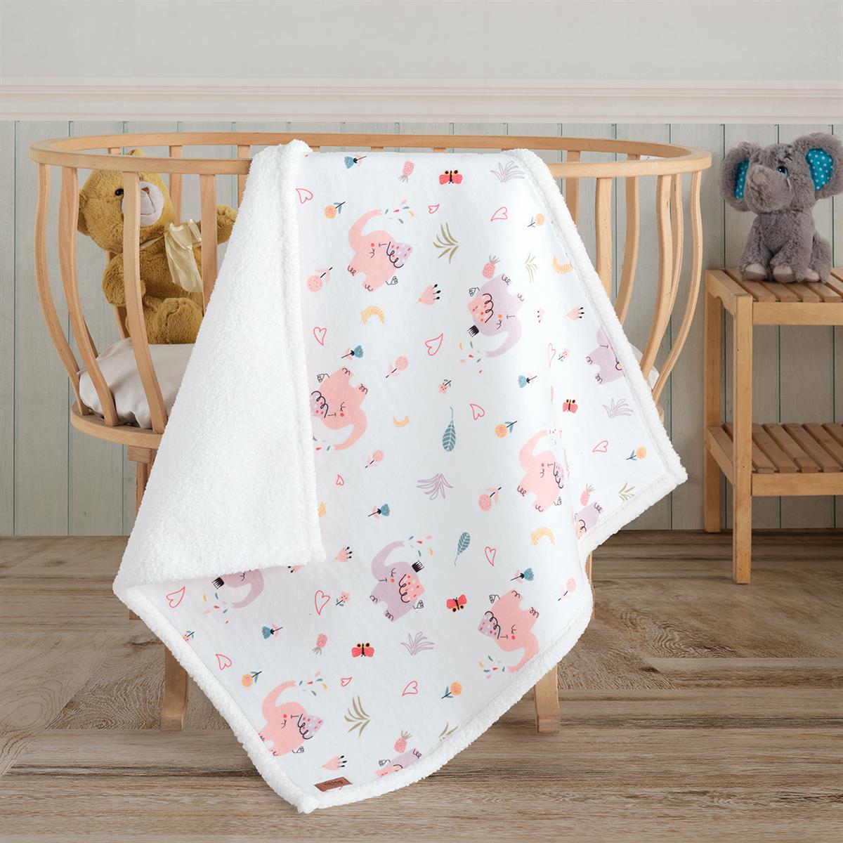 Vagonik Puffy Bebek Battaniyesi 80x80 Cm Fil desenli Pembe Melis Koyun Tüyü Battaniye