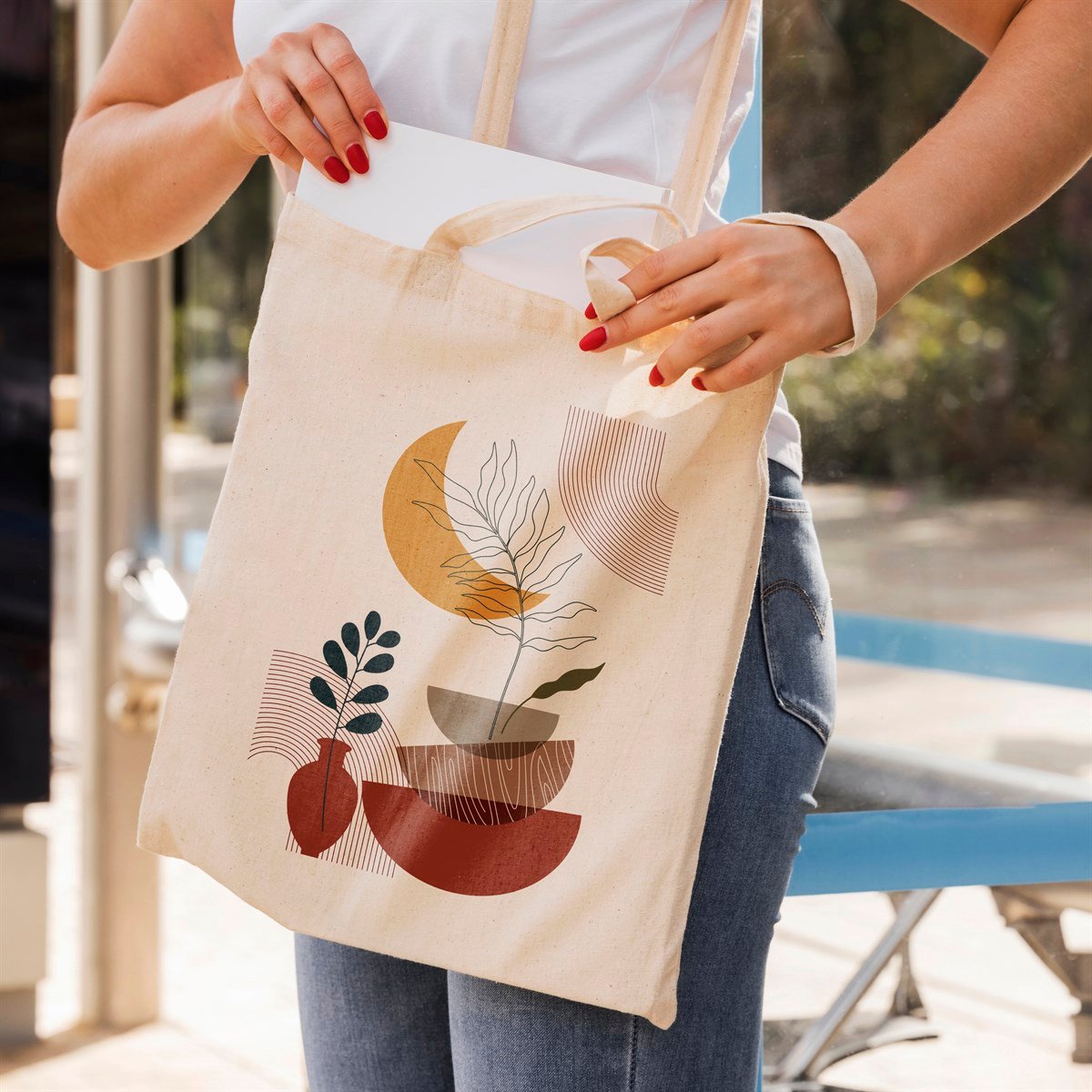 Vagonik Sarmaşık Ve Ay Bohem Baskılı Ham Bez Kanvas Çanta 240 Gr.