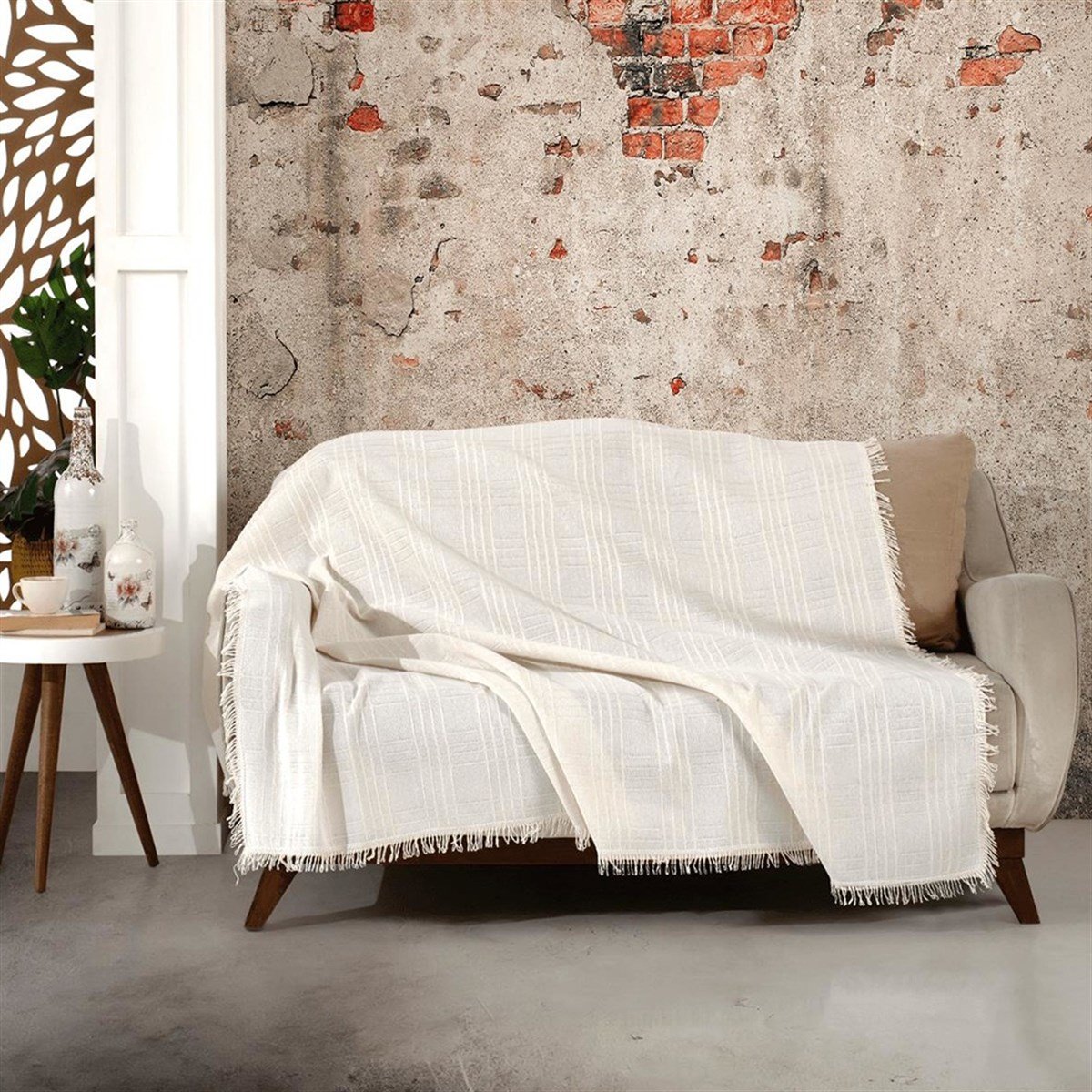 Vagonik Sedir Natural Keten Sık Dokuma Beyaz Çizgili Koltuk Örtüsü 170x210 cm