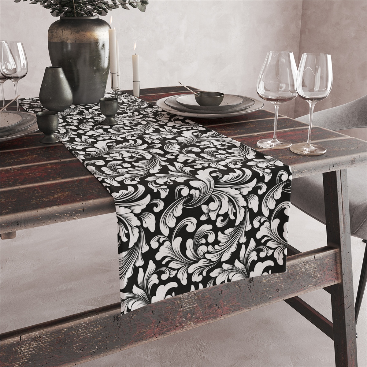 Vagonik Siyah Beyaz Yaprak Desenli Dijital Baskılı Runner 140x40 cm